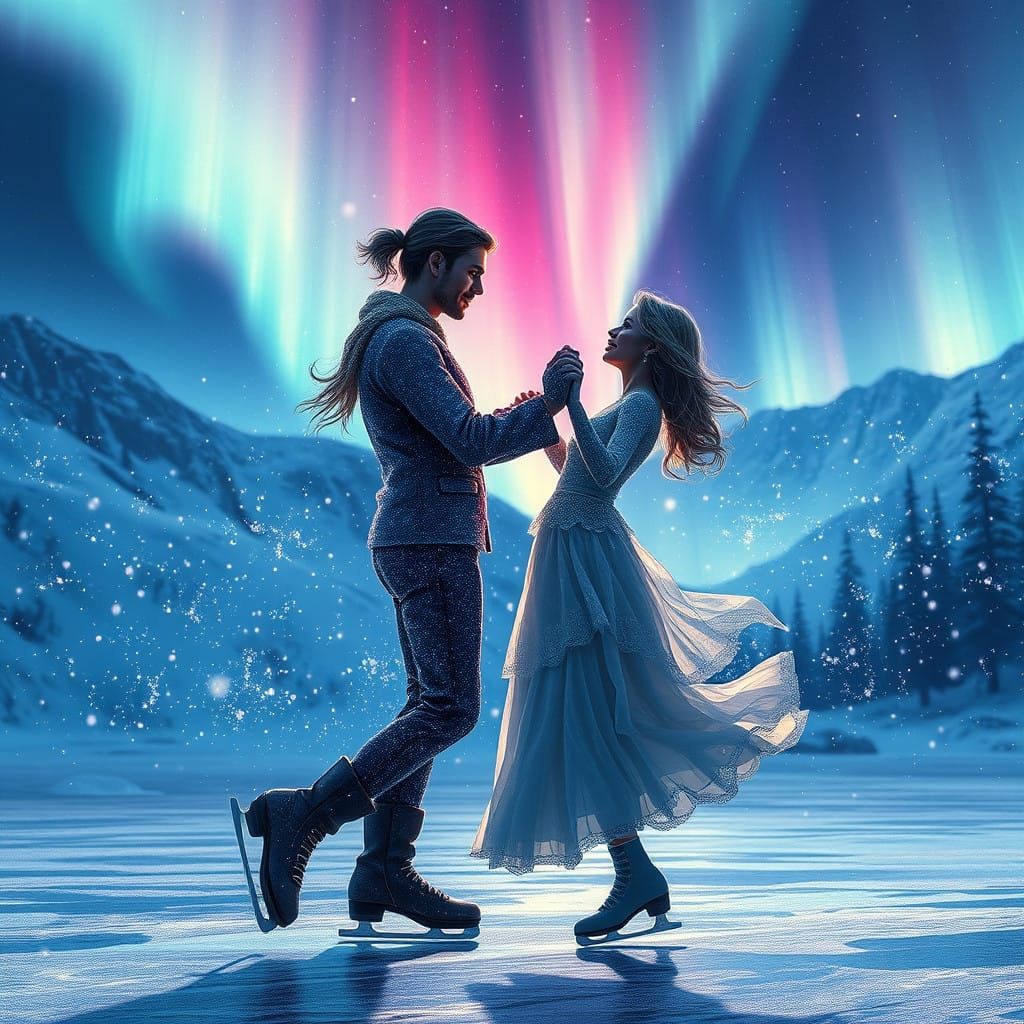 Ethereal Couple Ice Skating in Vibrant Plasma Glitter