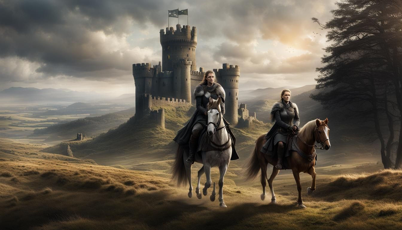a women warrior on horseback carrying a courier parcel, Winterfell tower, game of thrones style, golden time, cinematic,...