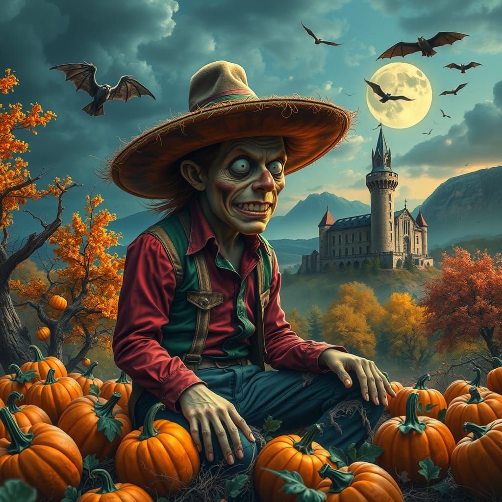 Surreal and Sinister Halloween Fantasy with Detailed Scarecr...