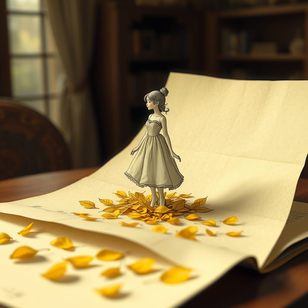 Figure in Crepe de Chine Dress Emerges from Paper, 3D Drawn ...