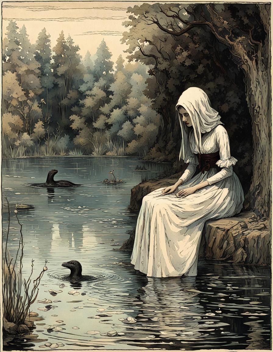 Surreal Scene of Abysmal Creatures in an Idyllic Lake