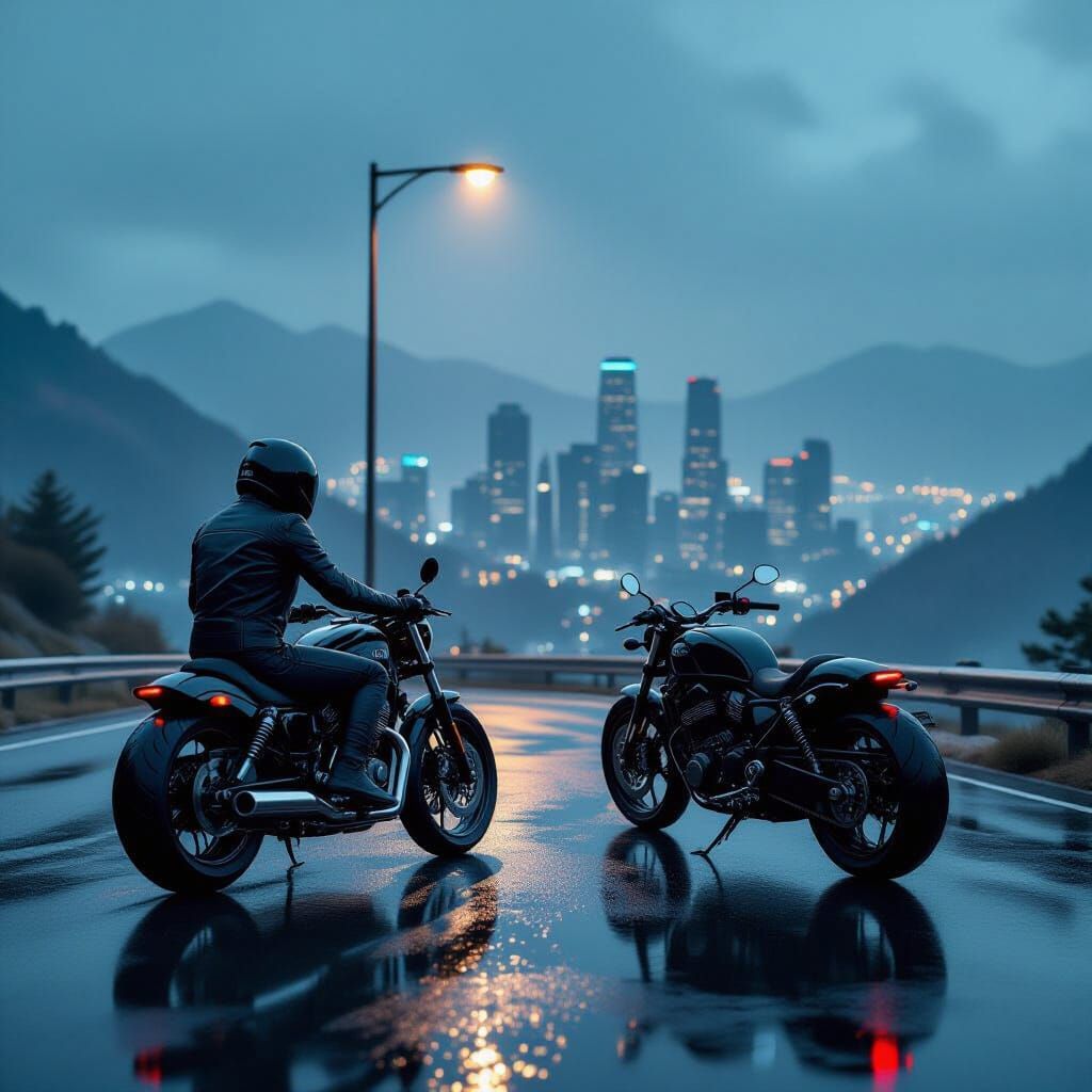 Cyber-Noir Biker Pauses on Rain-Slicked Road