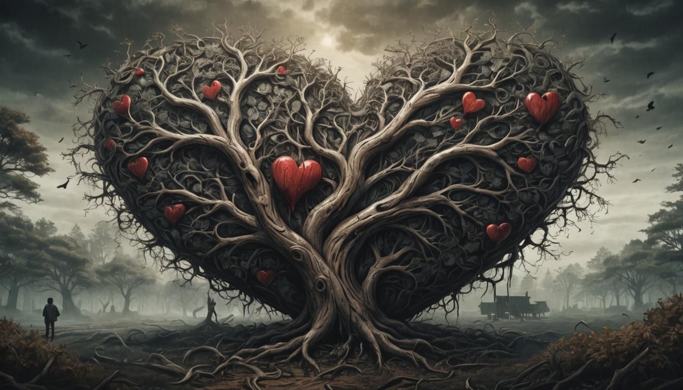 Macabre Wooden Heart Horror Illustration in Chiaroscuro Styl...