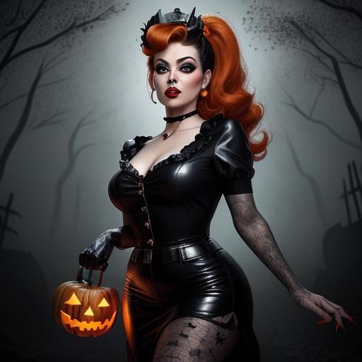 Glamorous Vampire Pin-Up Girl in Orange and Purple Leather