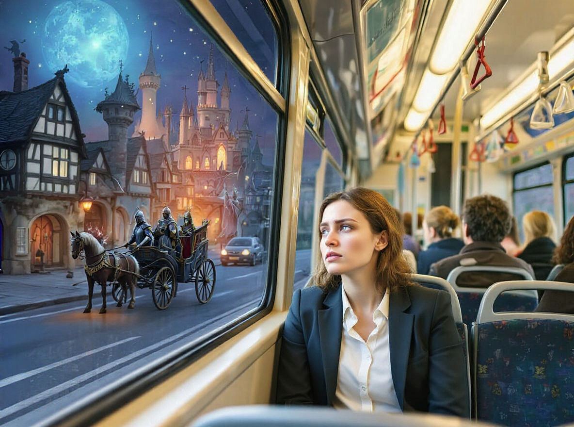 Business Woman's Fantasy World Through Bus Window