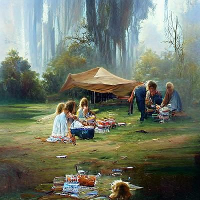 Victorian Era Family Outdoor Scene in Oil Painting Style