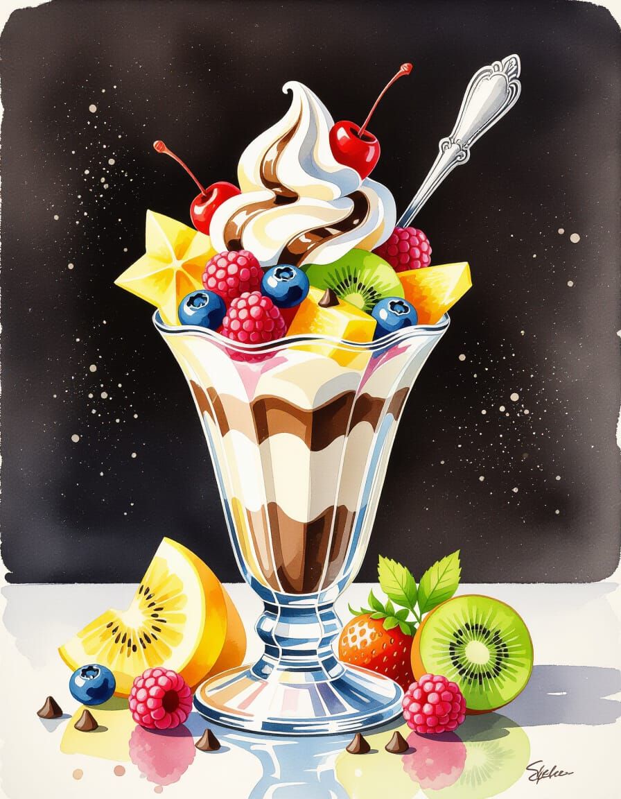 Chocolate Vanilla Parfait with Mixed Fruits, Watercolor Art
