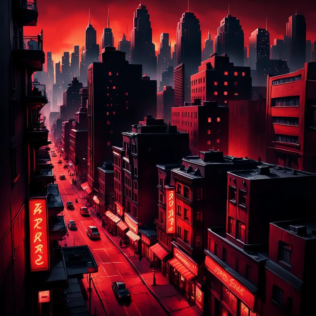 Monochrome Cityscape in Dramatic Red Tones