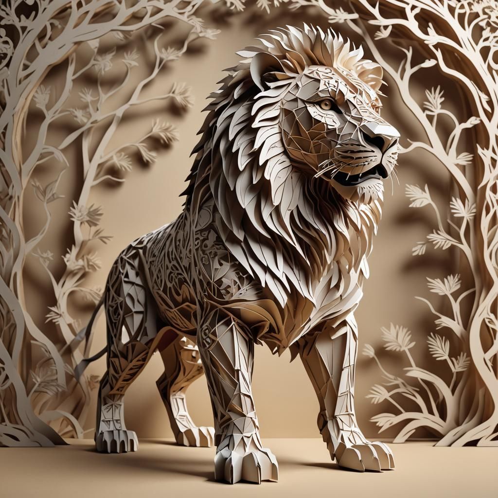 Moody Kirigami Lion in Hyperrealistic HDR