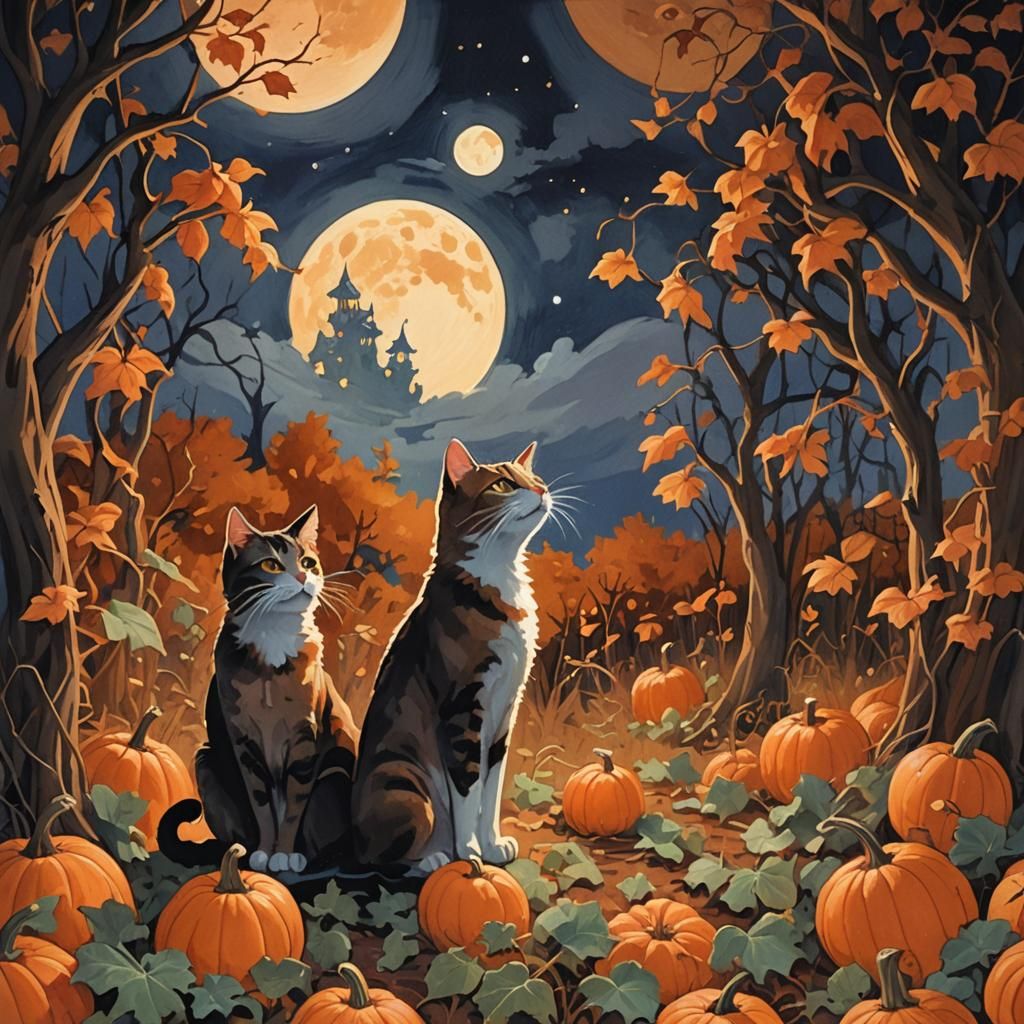 Whimsical Cats Play in a Moonlit Pumpkin Patch