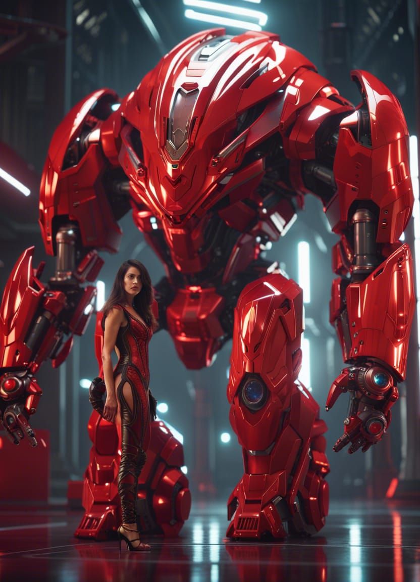 Futuristic Warrior Beside Red Giant Robot in Epic Sci-Fi Sce...