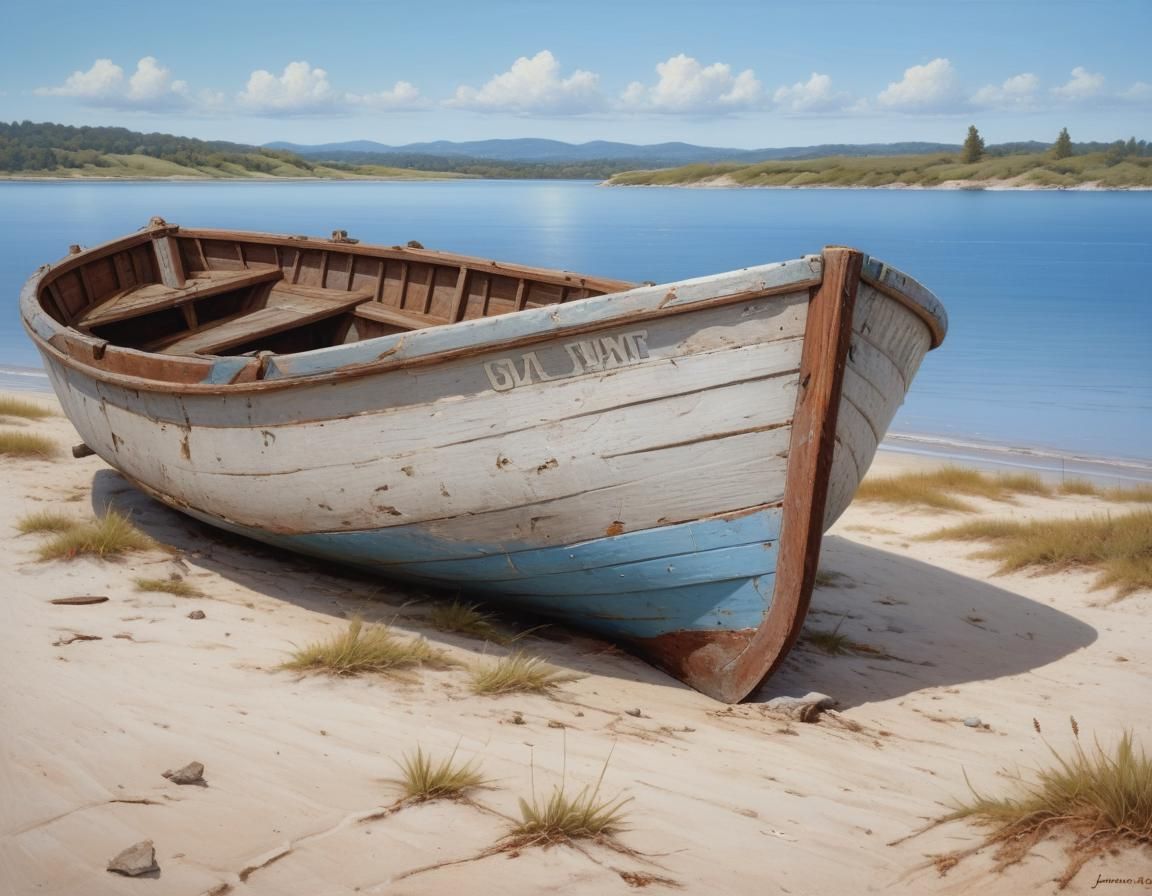 Old Grey Wooden Boat on Sandy Beach in Atmospheric Oil Paint...