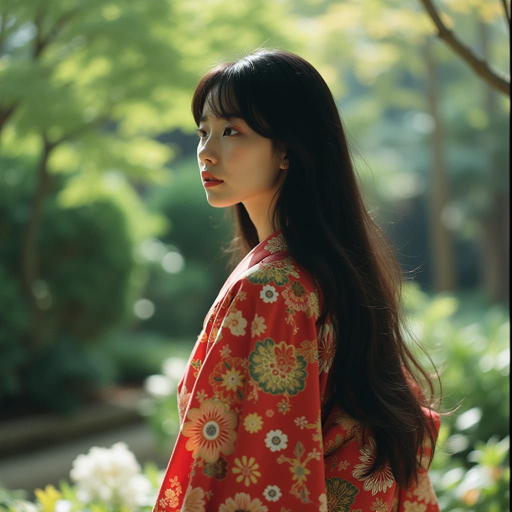 Elegant Japanese Woman in Traditional Kimono, Cinematographi...