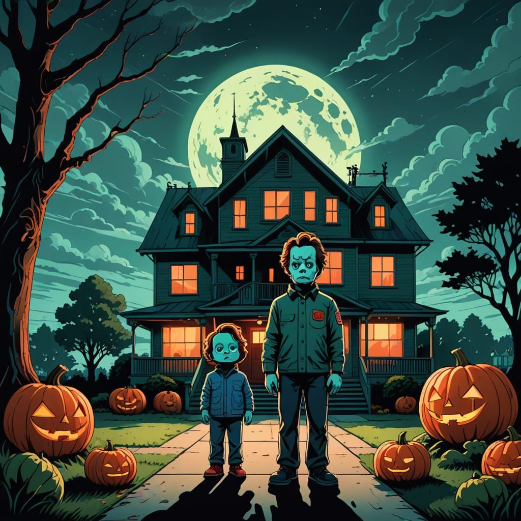 Retro Cartoon Haunted House Scene with Villains