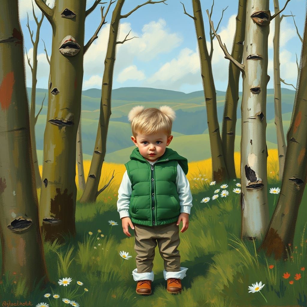 Child in Green Jacket, Impressionistic Landscape