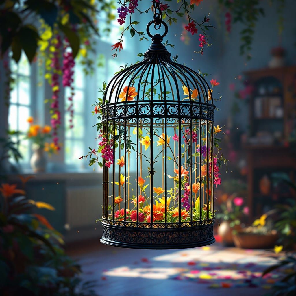 Hyperrealistic Birdcage in a Sunlit Room