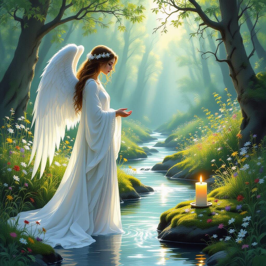 Ethereal Angel by Serene Stream in Sun-Dappled Forest