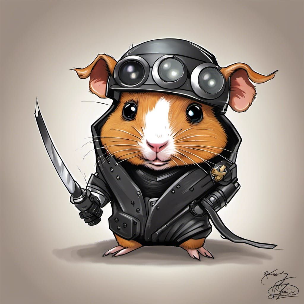 Robotic Ninja Guinea pig, secret agent style caricature