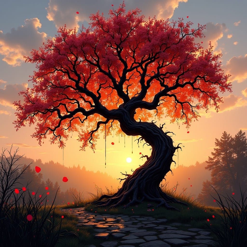 Autumn Tree Silhouette in Sunset Light