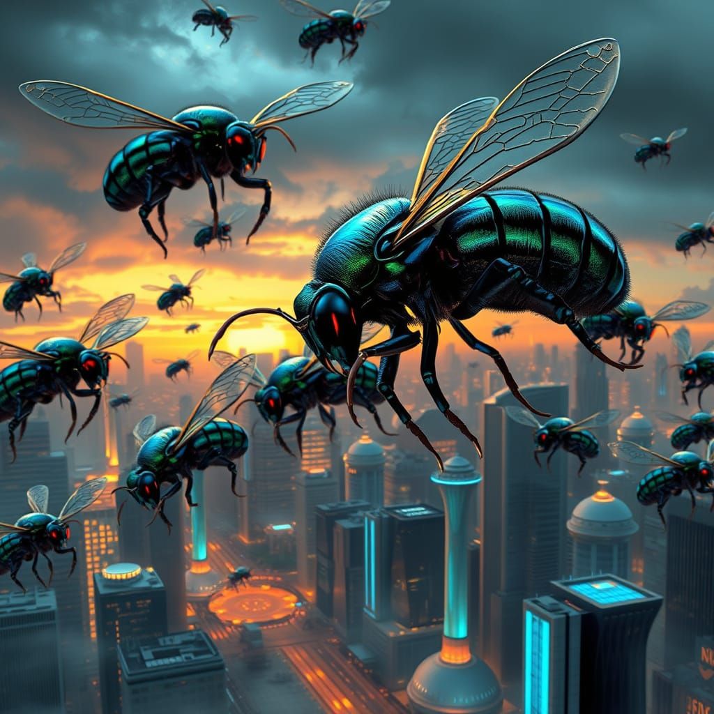 Biomechanical Bees Converge on a Futuristic Metropolis
