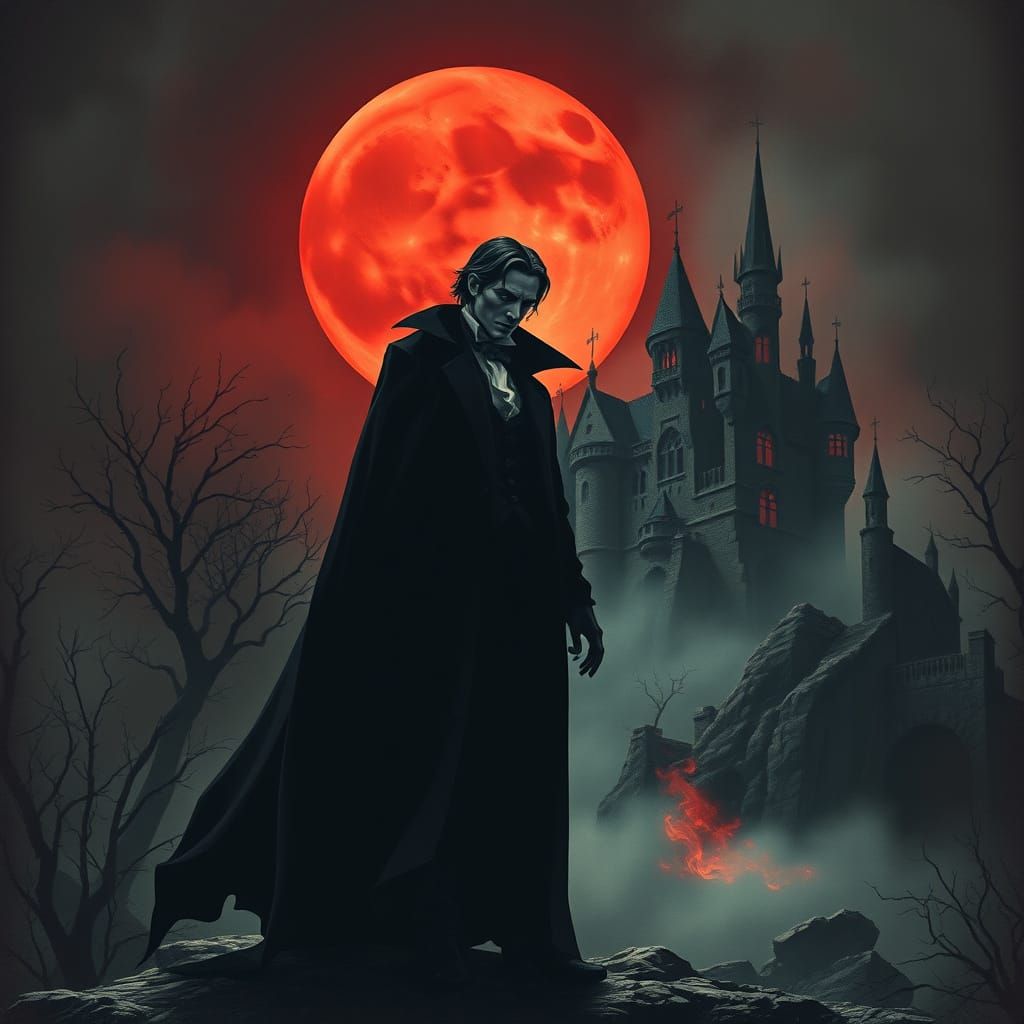 Aristocratic Vampire Before Gothic Castle Under Blood Moon