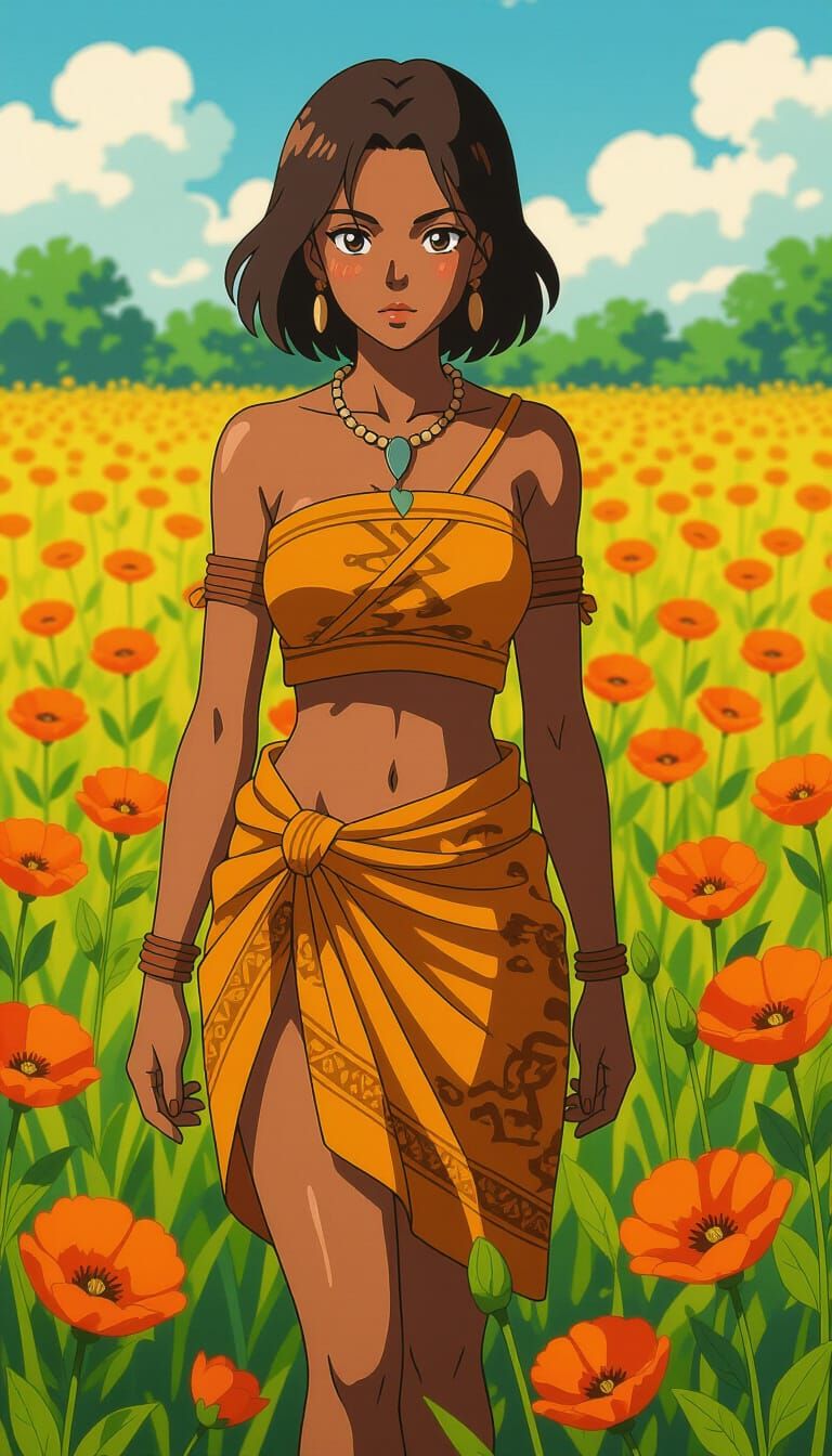 African Woman in Orange Flowers, Vibrant Manga Style