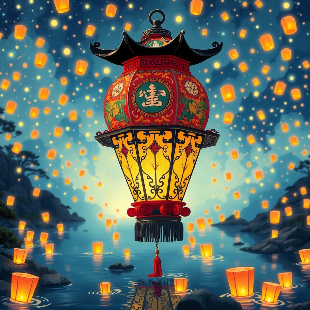 Majestic Lantern Glow on Cartoon Riverbed