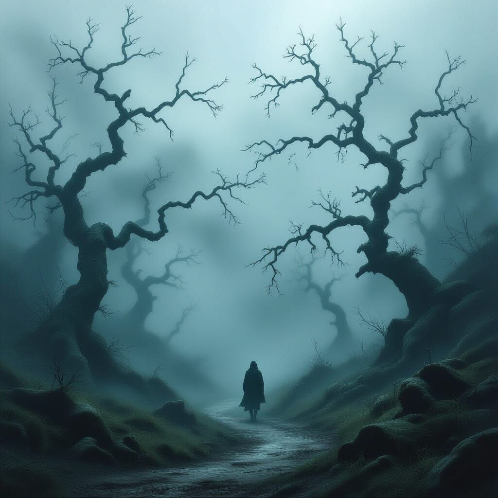 Lone Traveler in Ethereal Fog Forest