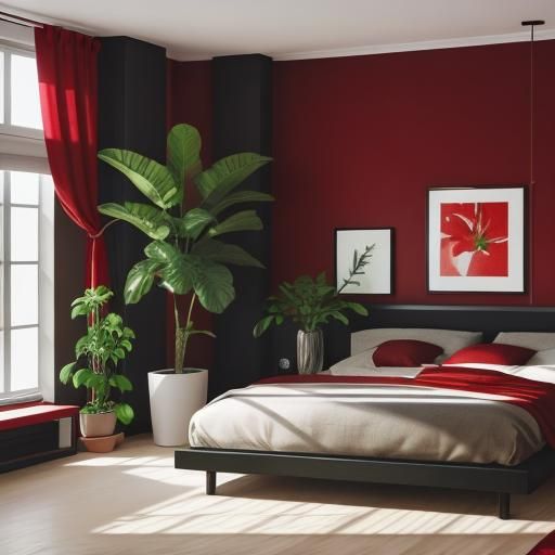Red Modern Plant-Filled Bedroom Sanctuary