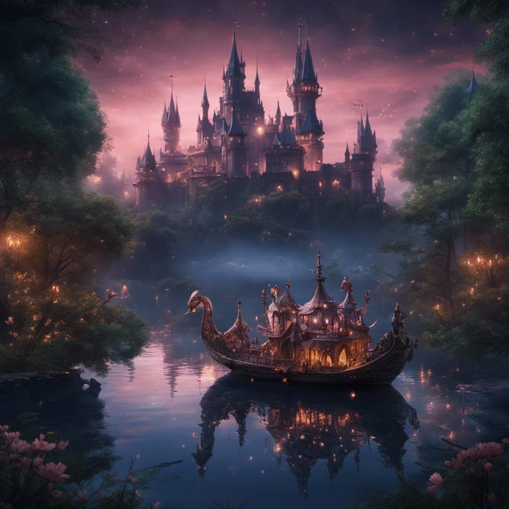 Fantasy Swan Boats under a Celestial Castle