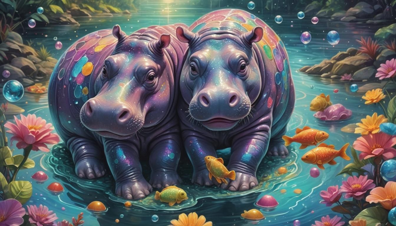 Whimsical Hippo Plays in Serene Cosmic River