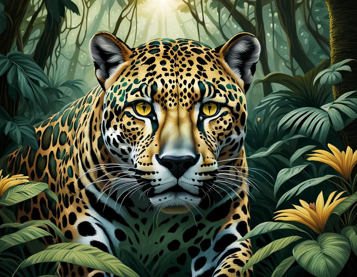 In the lush rainforest, a majestic jaguar roams through the ...