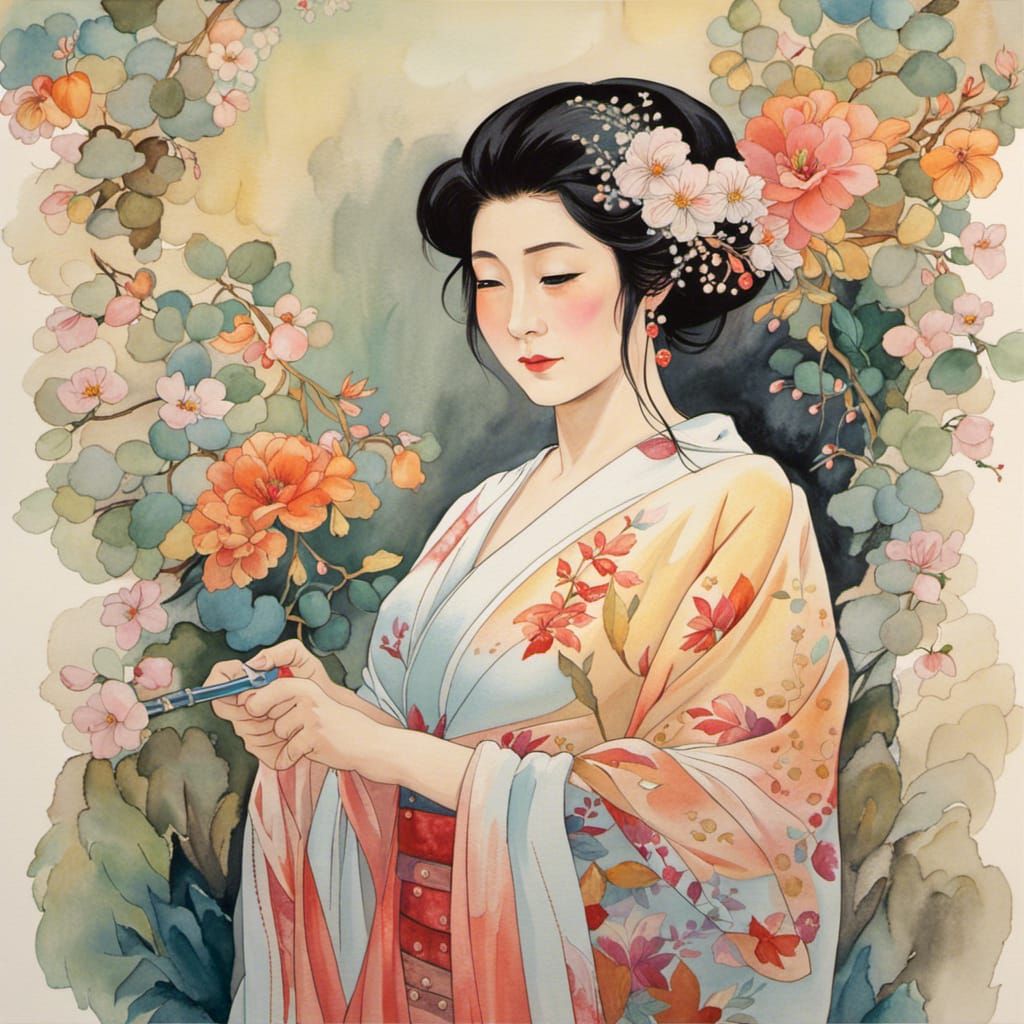 Chubby Old Woman in Kimono, Ghibli Watercolor Style