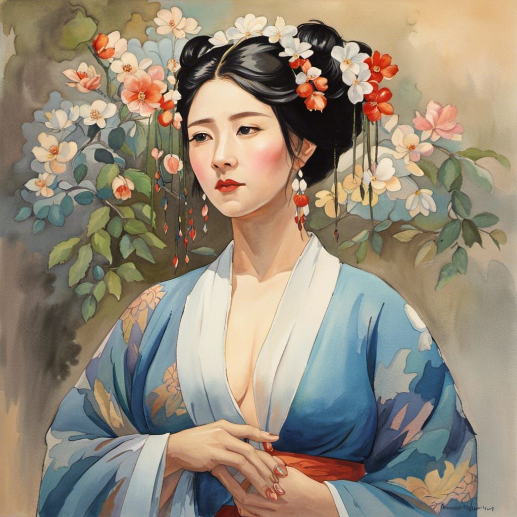 Chubby Old Woman in Kimono: Ghibli-Style Watercolor