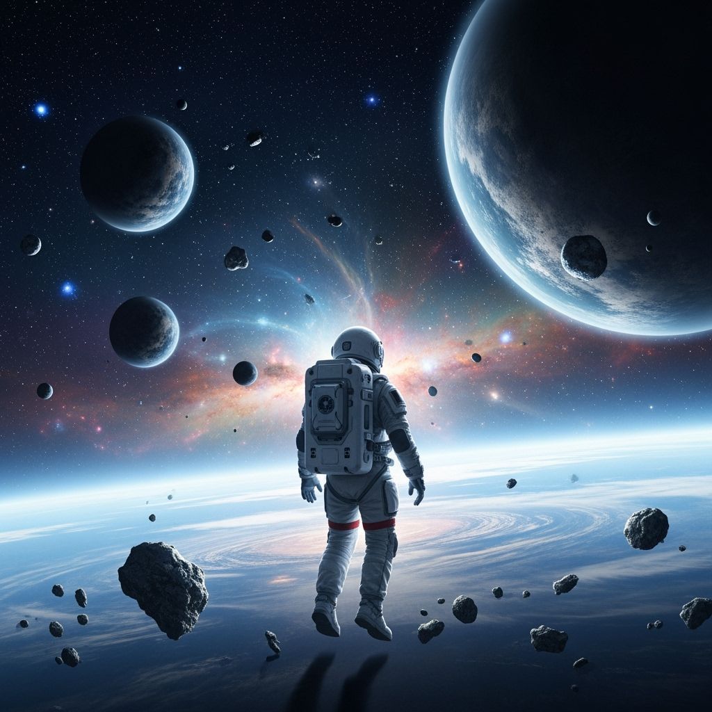 Astronaut Drifts Through Cosmic Nebula and Alien Worlds