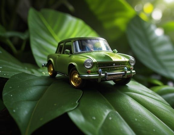 Tiny Car on Giant Leaf in Golden Hour Light