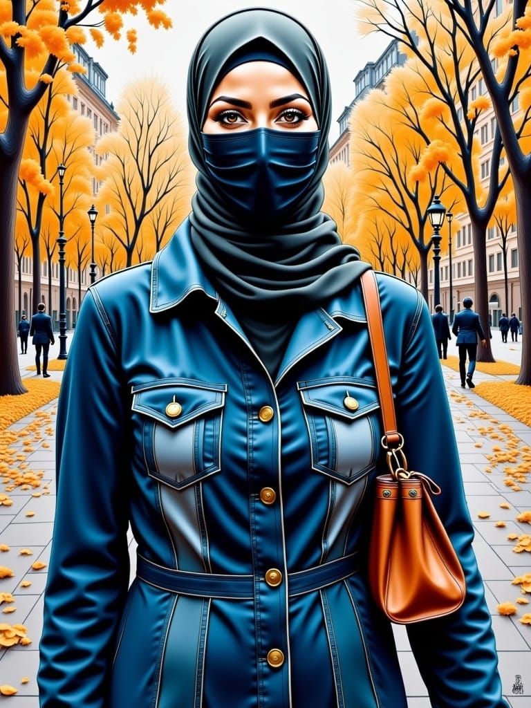 Young Woman in Hijab and Mask: Oil-Guache Portrait