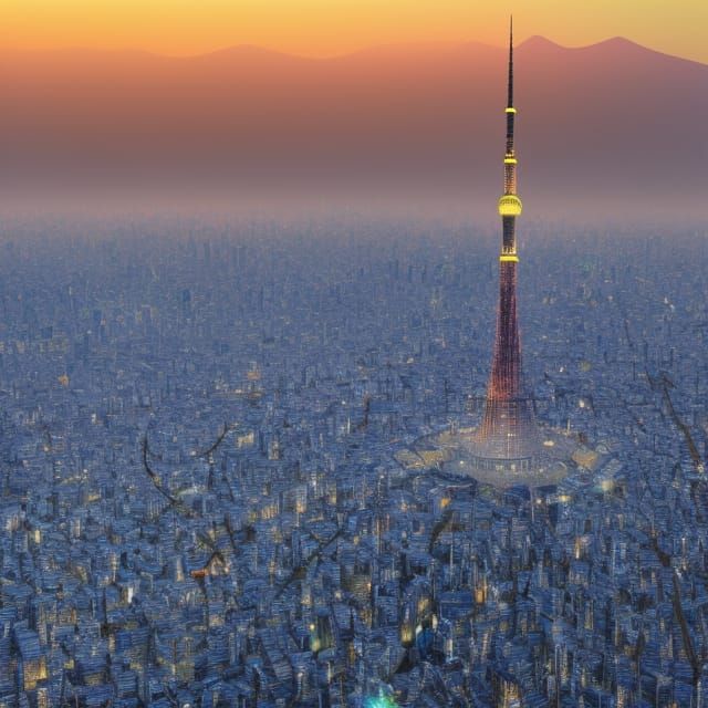 Panoramic Tokyo Scene with Fuji Mountain and Blossoming Saku...