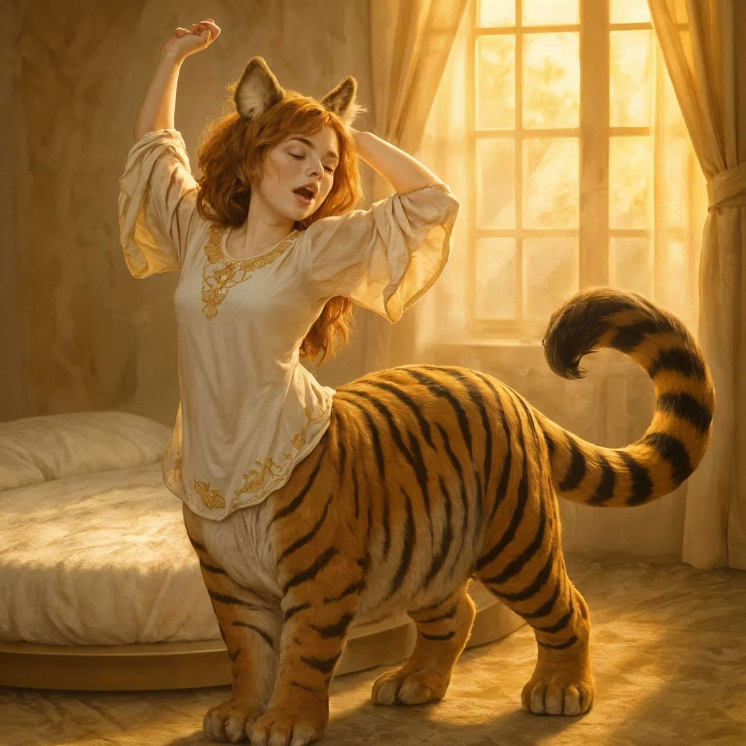 Ginger Haired Tiger Centaur Stretching