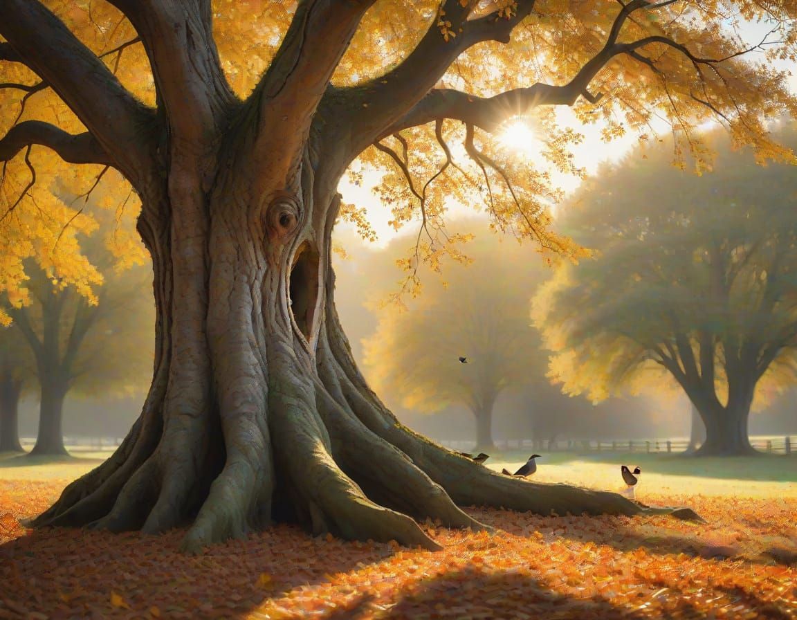 Autumn Tree Trunk in Warm Sunlight