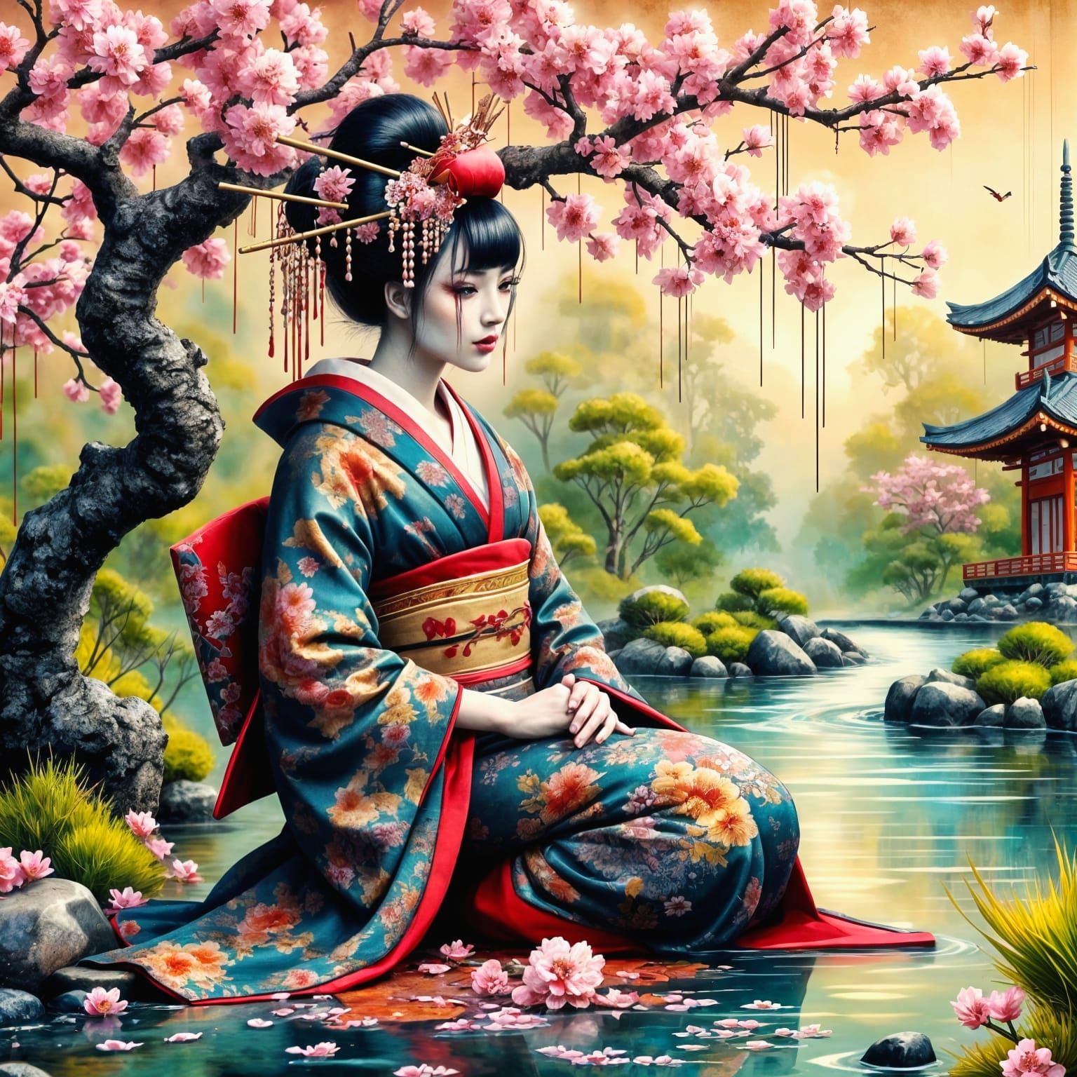 Graceful Geisha in Ukiyo-e Style Garden