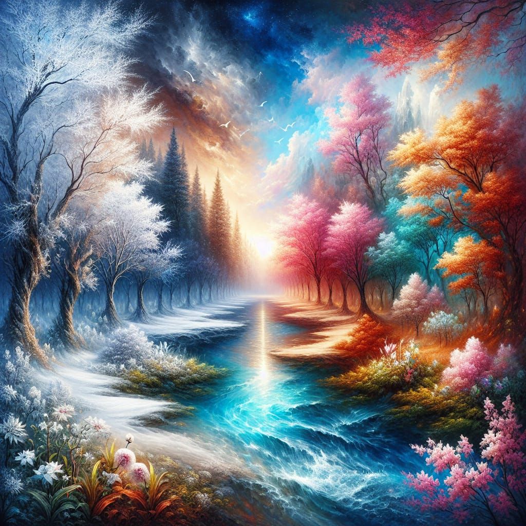 Dreamy Harmonization of Seasons in Watercolor Poster Style