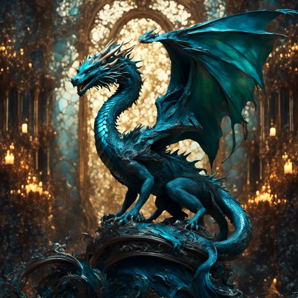Ethereal Art Nouveau Dragon in Vibrant Peacock Colors