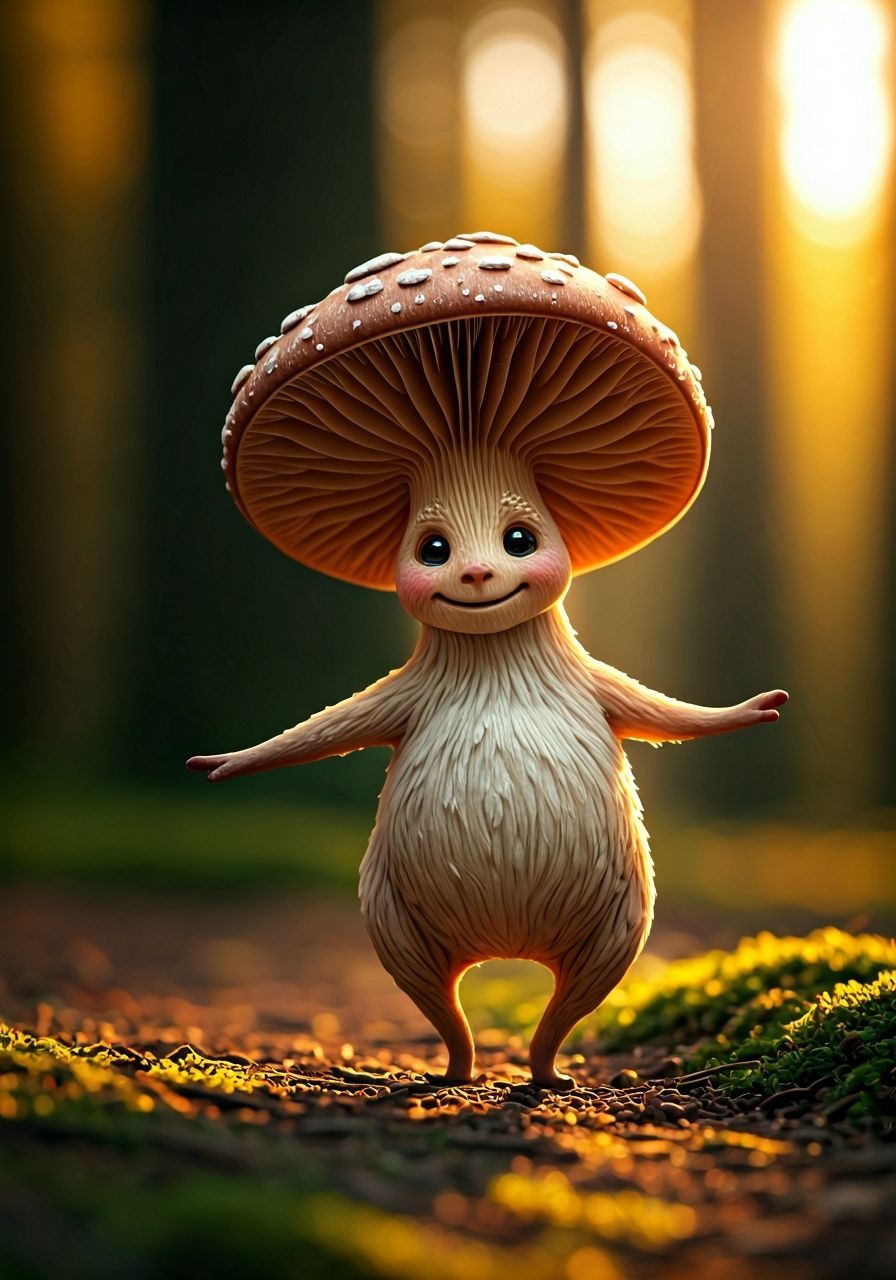 Dancing Mushroom Creature in Enchanted Autumn Forest