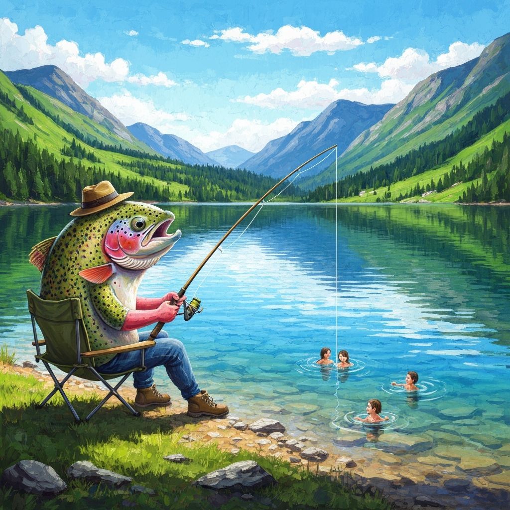 Trout Angler Fishing for Tiny Humans in Mountain Lake