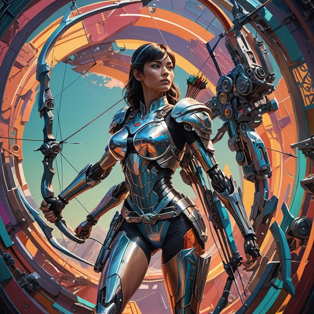 Dramatic Cyberpunk Woman Wields Archer in Hyperrealistic Con...