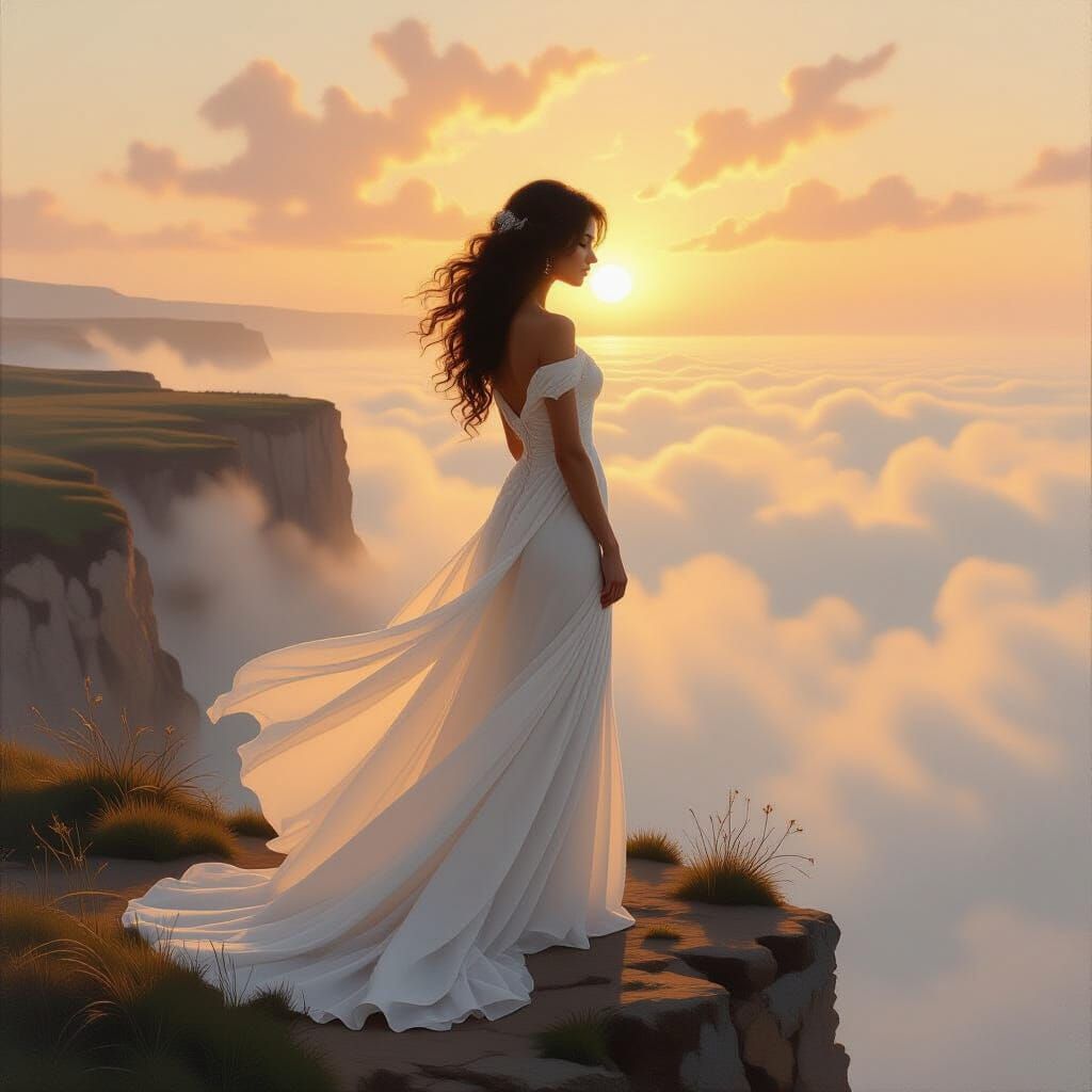 Romantic Oil Painting of Woman on Misty Cliff at Dawn