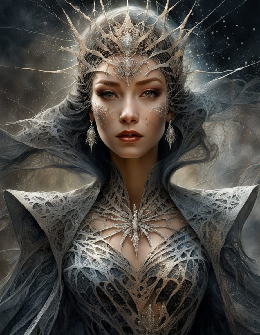 Fantasy Queen in Spider-Web Dress with Silver Foil Details