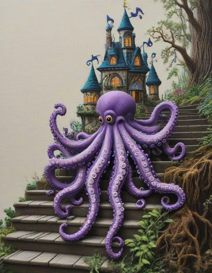 Surreal Octopus Parade on a Magical Staircase