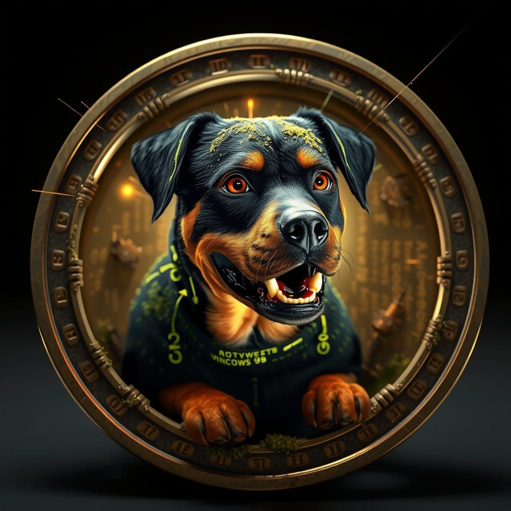 Digital Rottweiler Emerges from Retro-Futuristic Coin